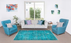 5.5x9 Ft Modern Handmade Area Rug in Teal Blue. Vintage Anatolian Wool Carpet