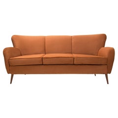 Brazilian Modern Three Seat Sofa in Ochre Velvet & Hardwood by Forma, Brazil