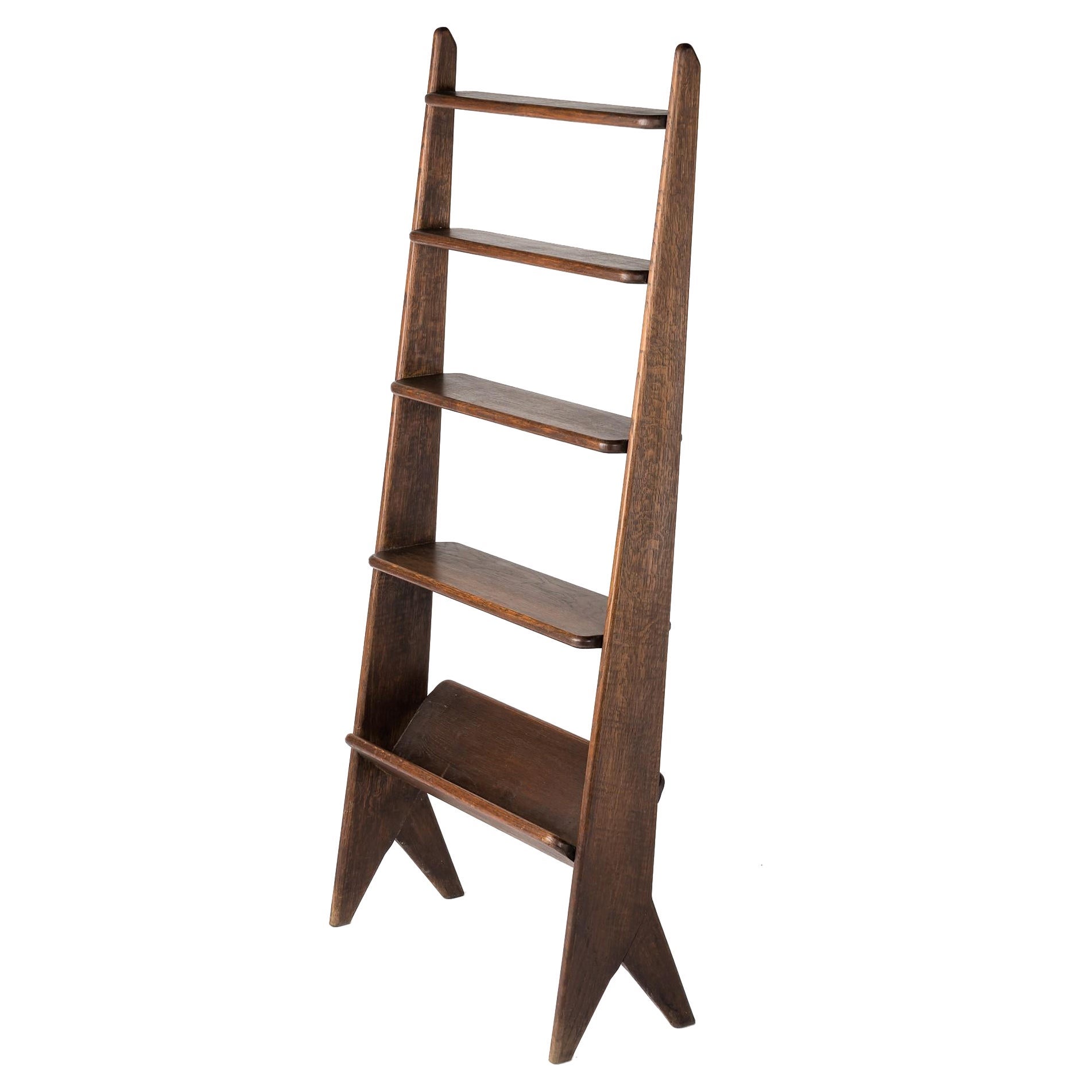 Compas Feet Reconstruction Era Shelving Unit in Dark Brown Oak - France 1950s For Sale