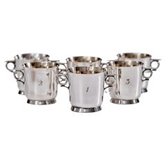 Juego de seis whisky tots antiguos de plata con estuche