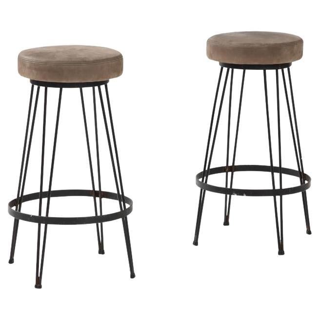 French Industrial Wrought Iron Counter Stool with Nubuck Upholstery, c. 1960 For Sale