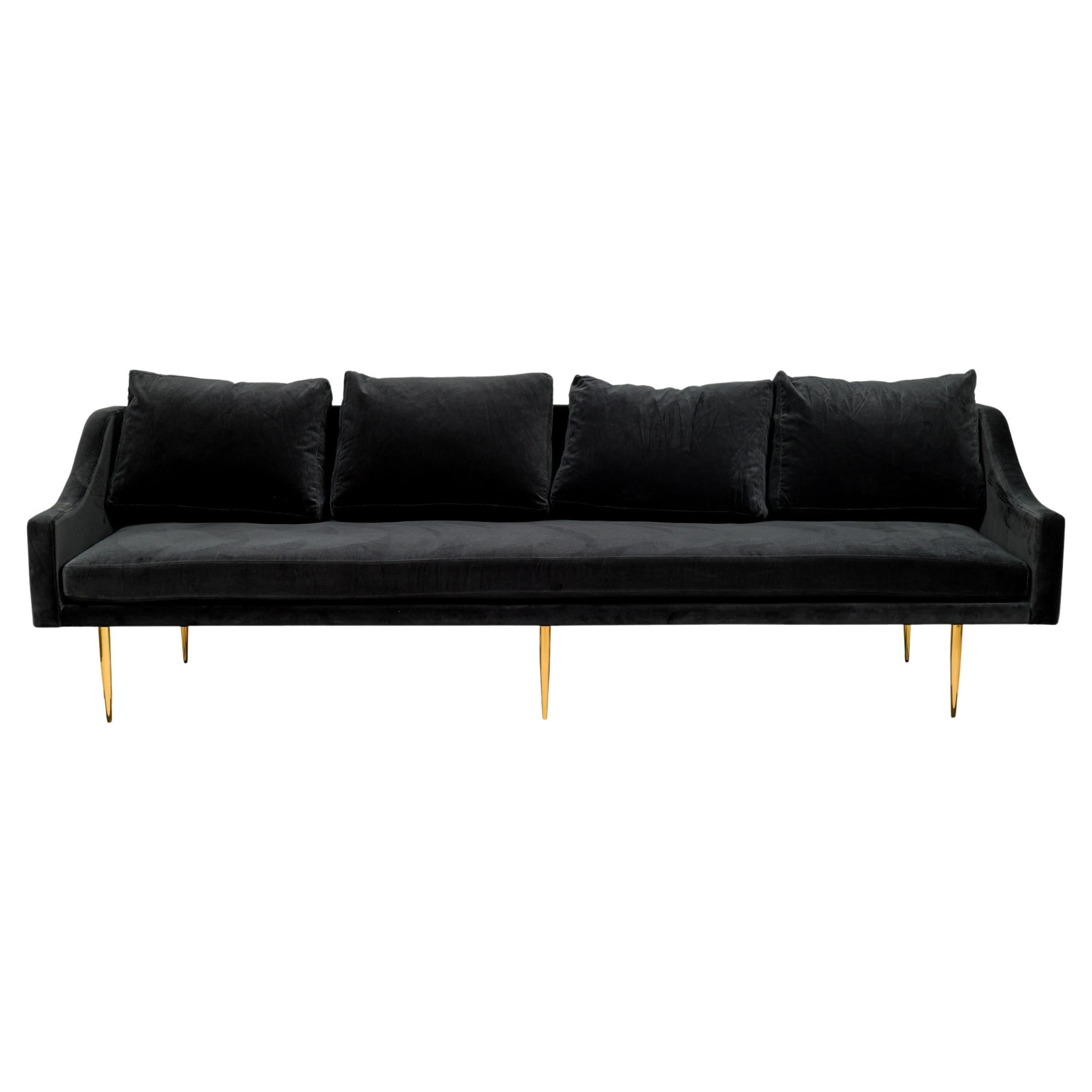 Sintra Sofa in Charcoal Gray Velvet, Brass Legs, Contemporary Style For Sale