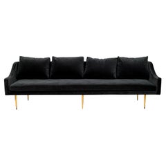 Sintra Sofa in Charcoal Gray Velvet, Brass Legs, Contemporary Design