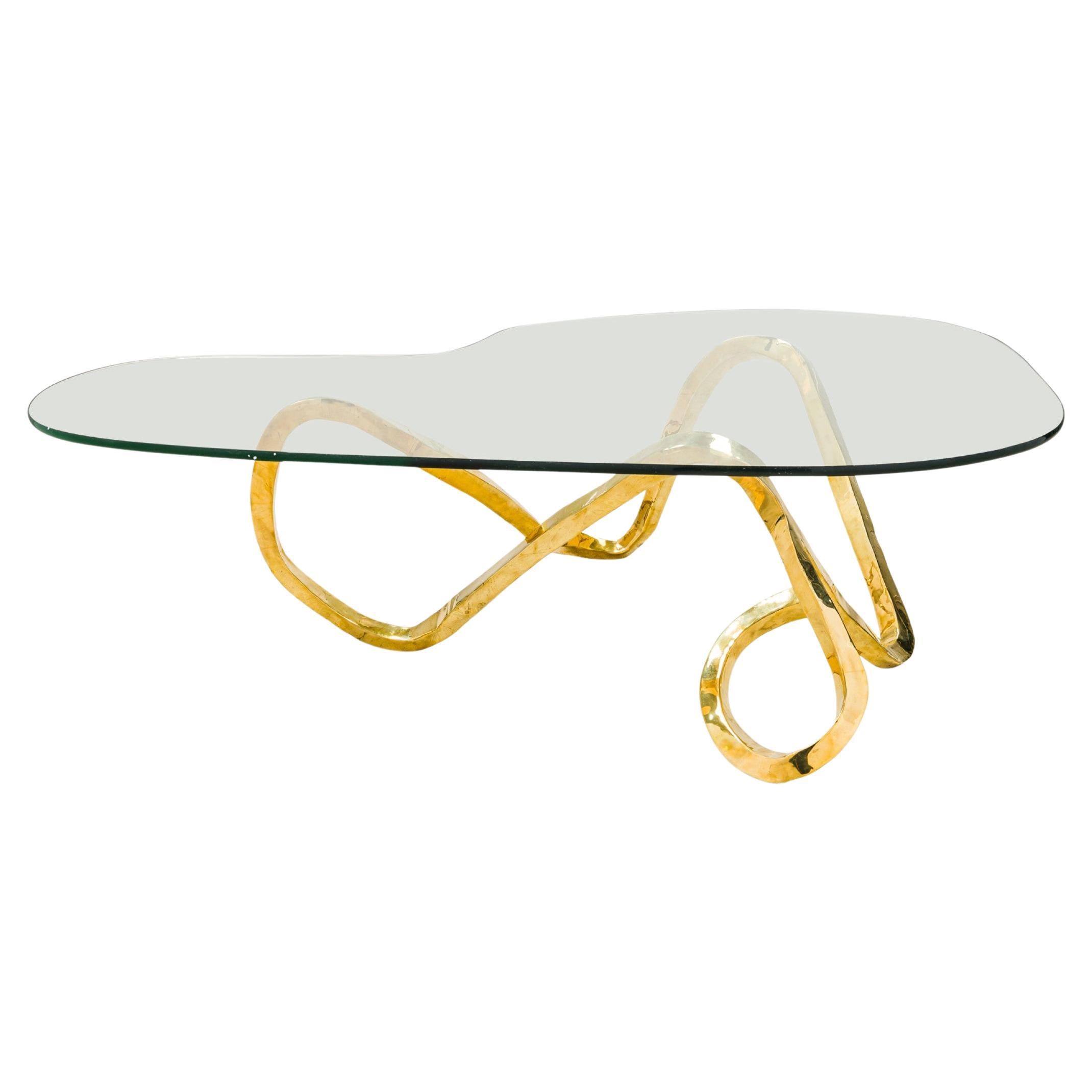 Porto Biomorphic Coffee Table, Polished Bronze Base, Clear Glass Top