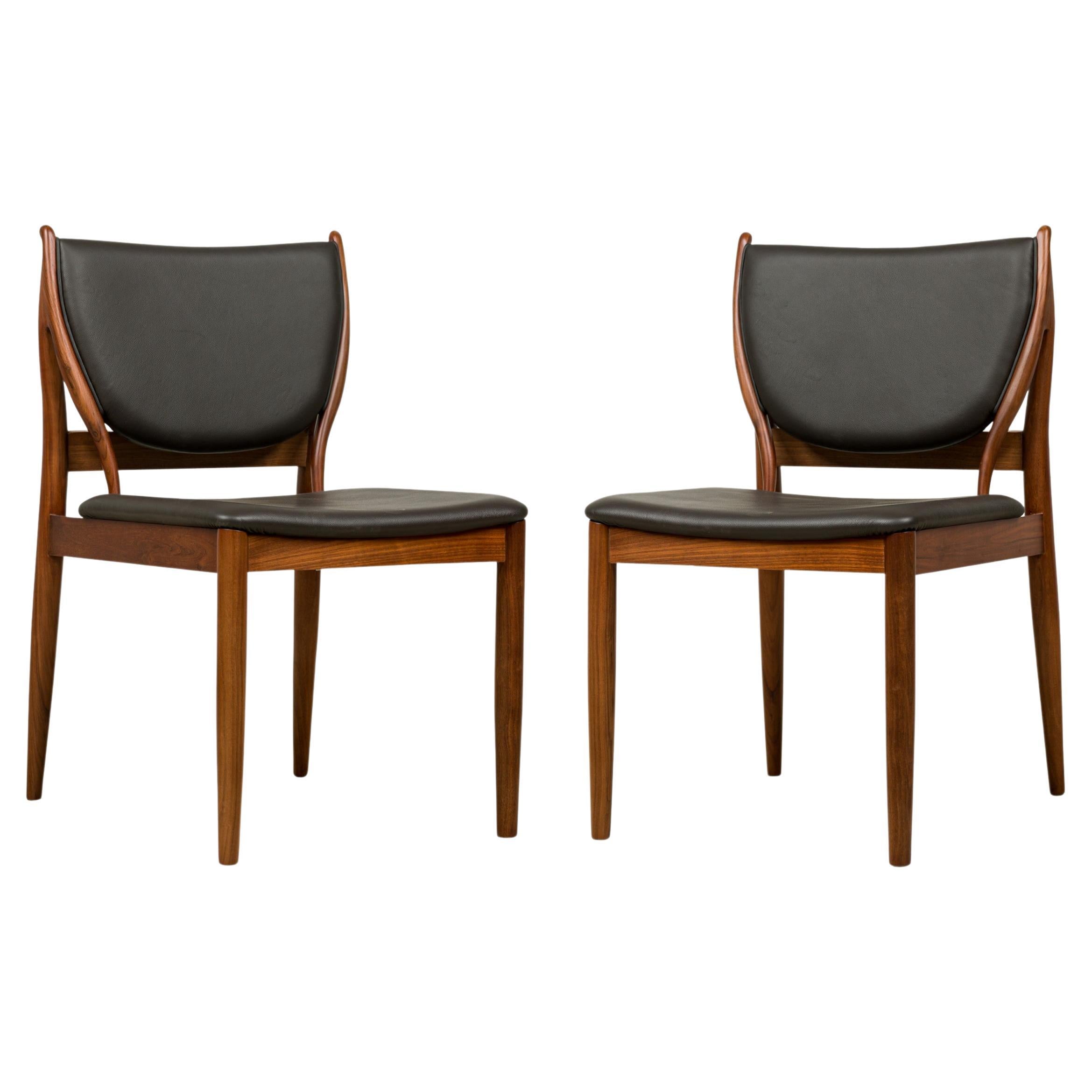 Lagos Dining Side Chairs, Walnut Frame & Dark Olive Leather Design For Sale