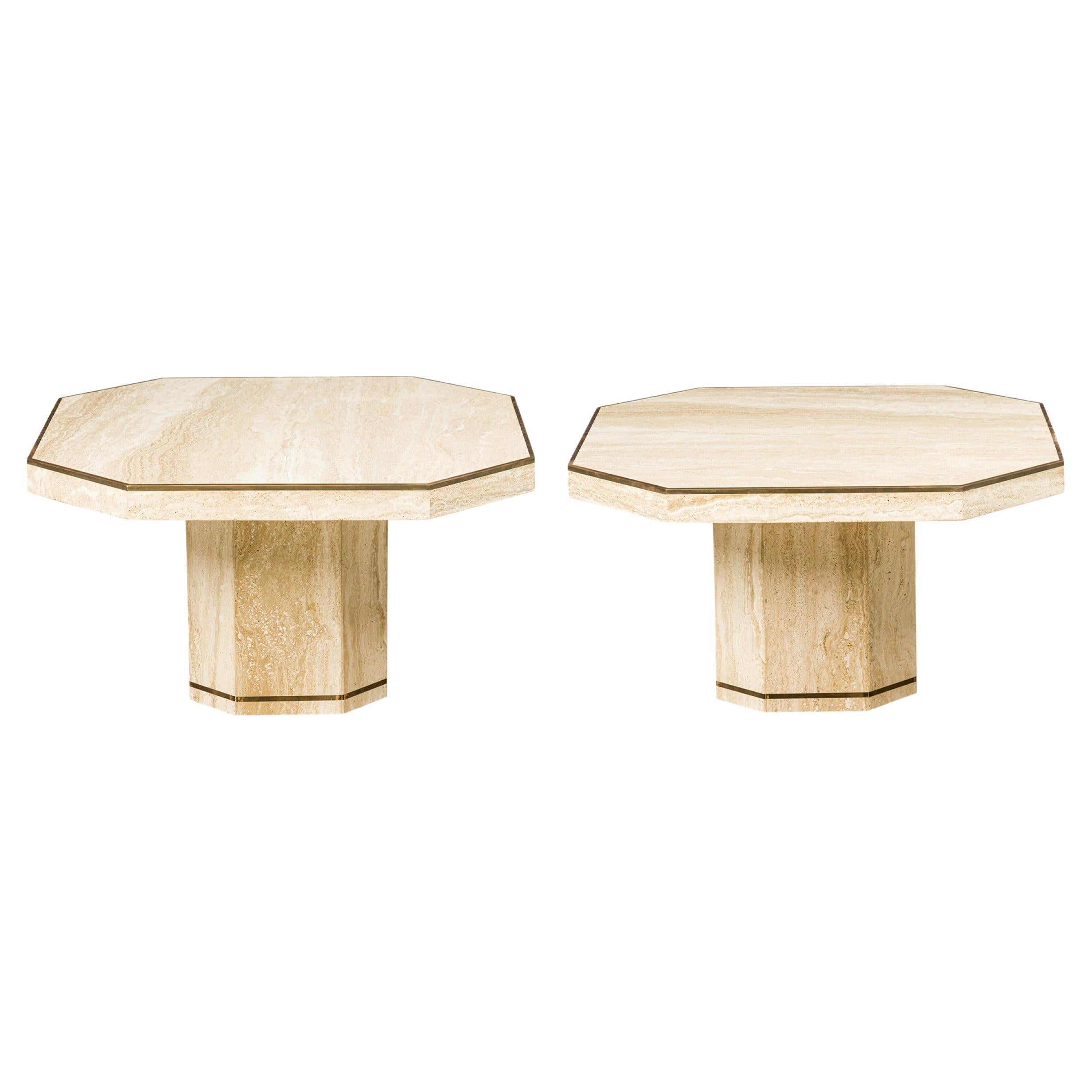 Pair of Willy Rizzo for Jean Charles Italian Modern Travertine Low Octagonal Tab For Sale