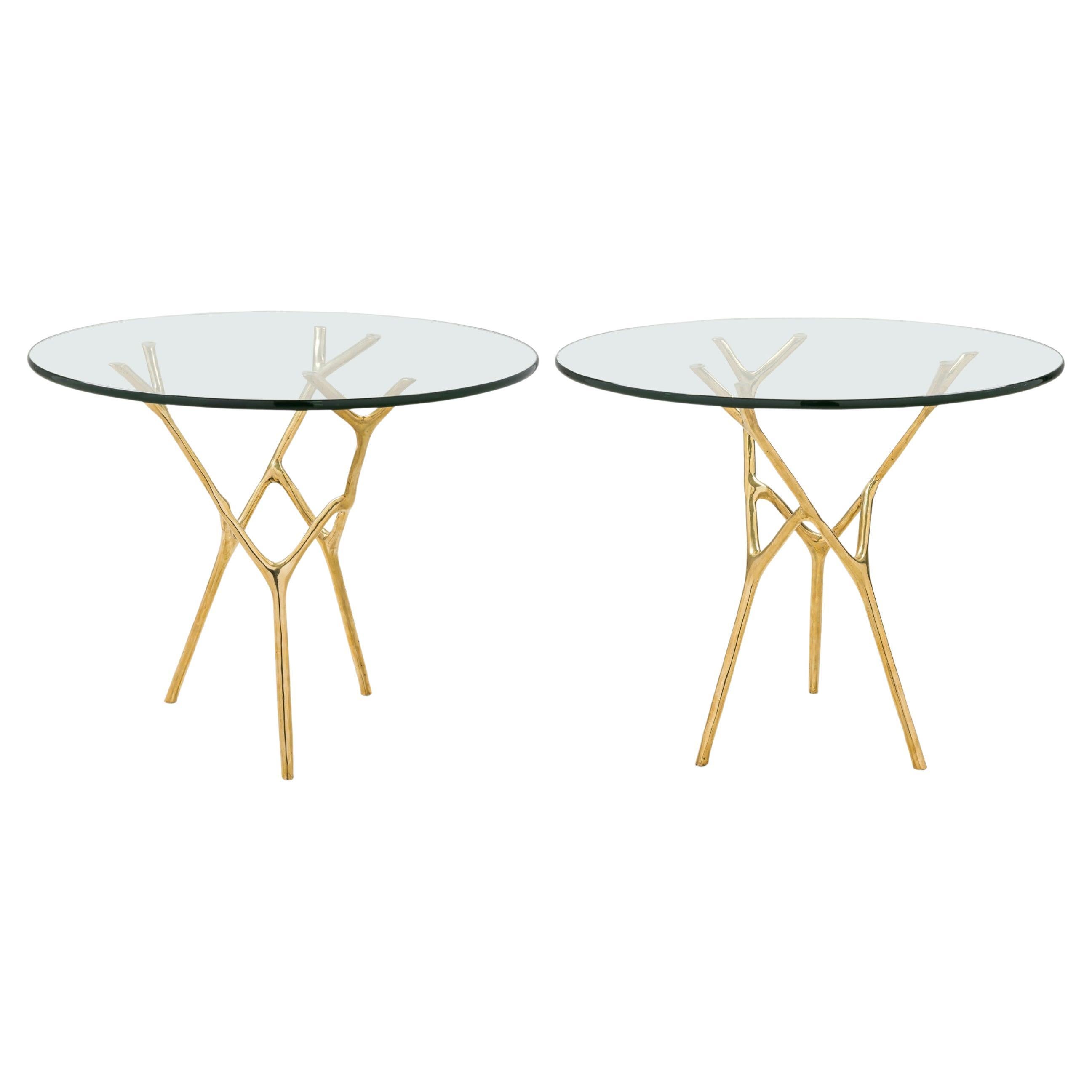 Branco End Table with Bronze Branch Base and Glass Top, Modern Design For Sale