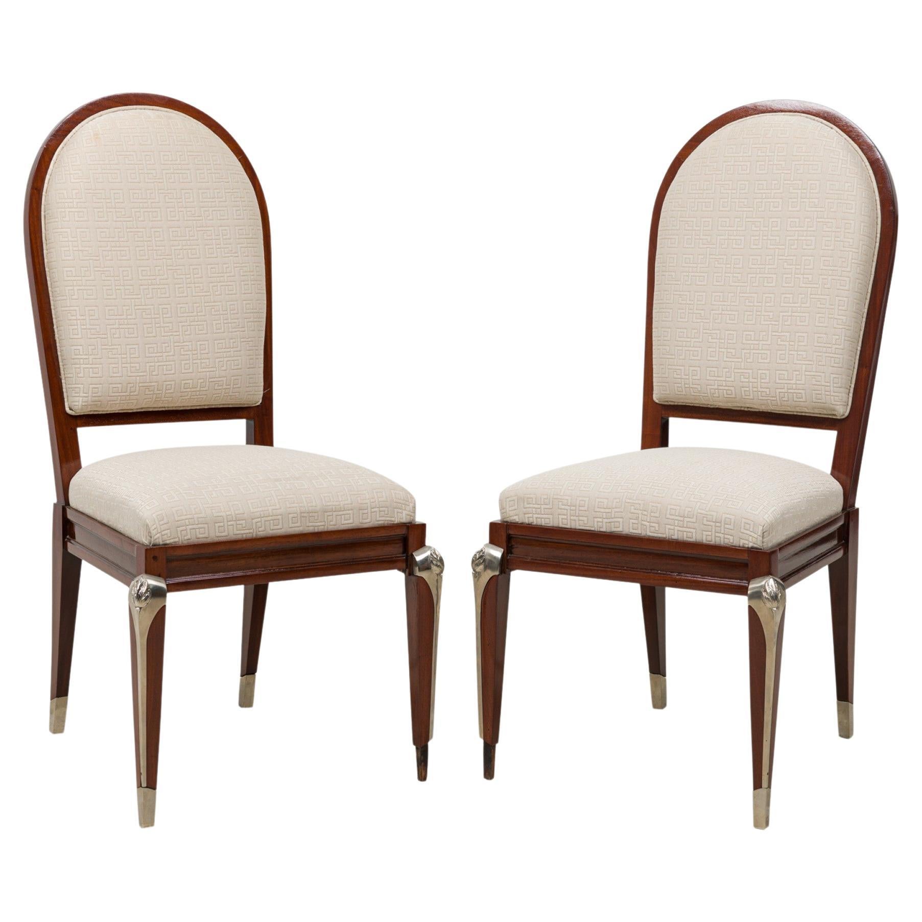 Set of 8 Jean Pascaud French Mahogany and Silvered Bronze Upholstered Dining Cha