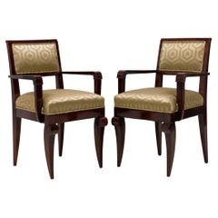 Set von 6 Jules Leleu Amboyna-Esszimmer-/Armlehnen mit geometrischem Stoffpolsterung