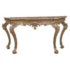 Mesa consola italiana rococó tallada en plata dorada y tapa de mármol rubor y verde