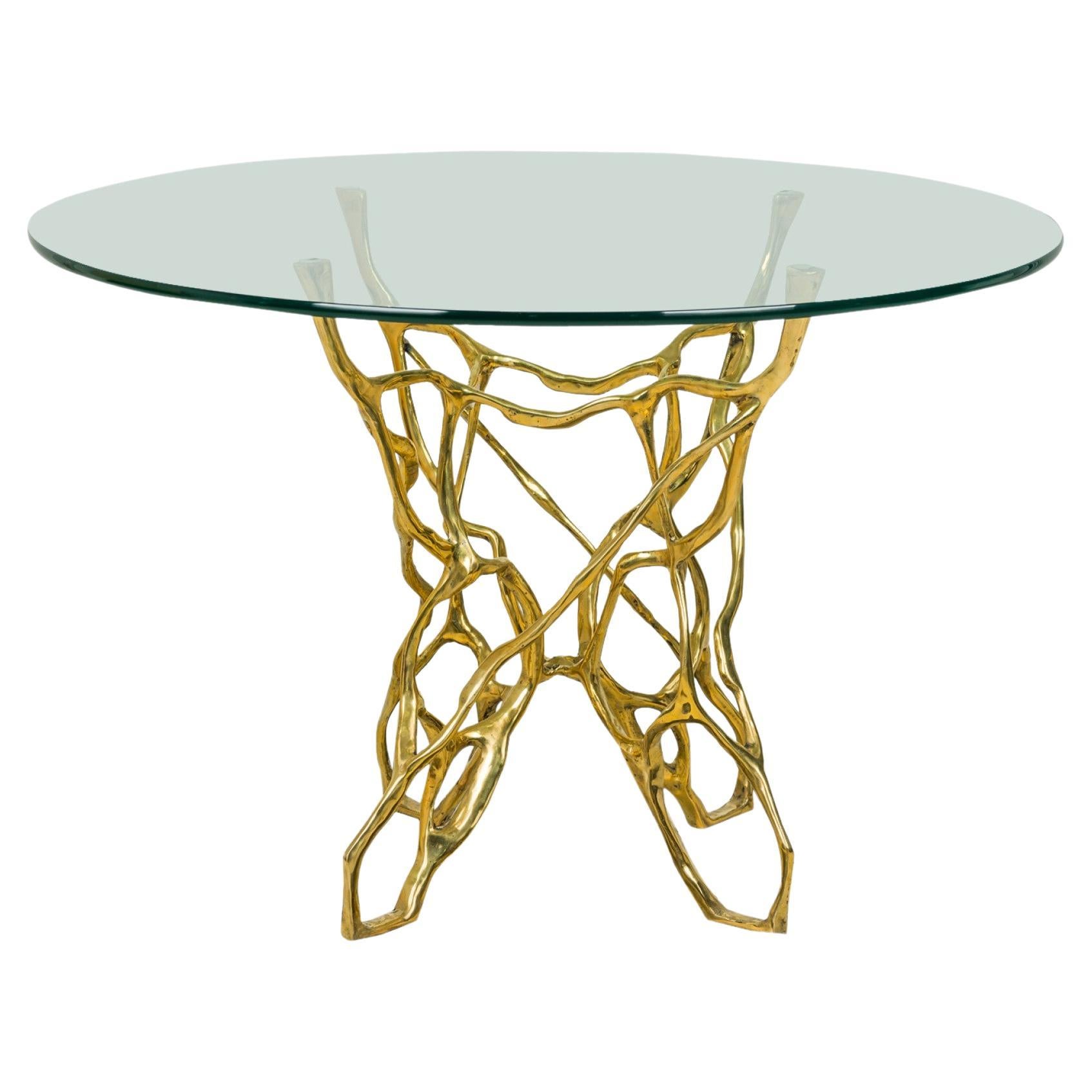 "Catarina" Mesa de Comedor Biomórfica de Bronce de Estilo Americano con Tablero Circular de Cristal
