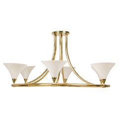 Continental Mid-Century Monumental Brass and White Glass 6-Light Chandelier