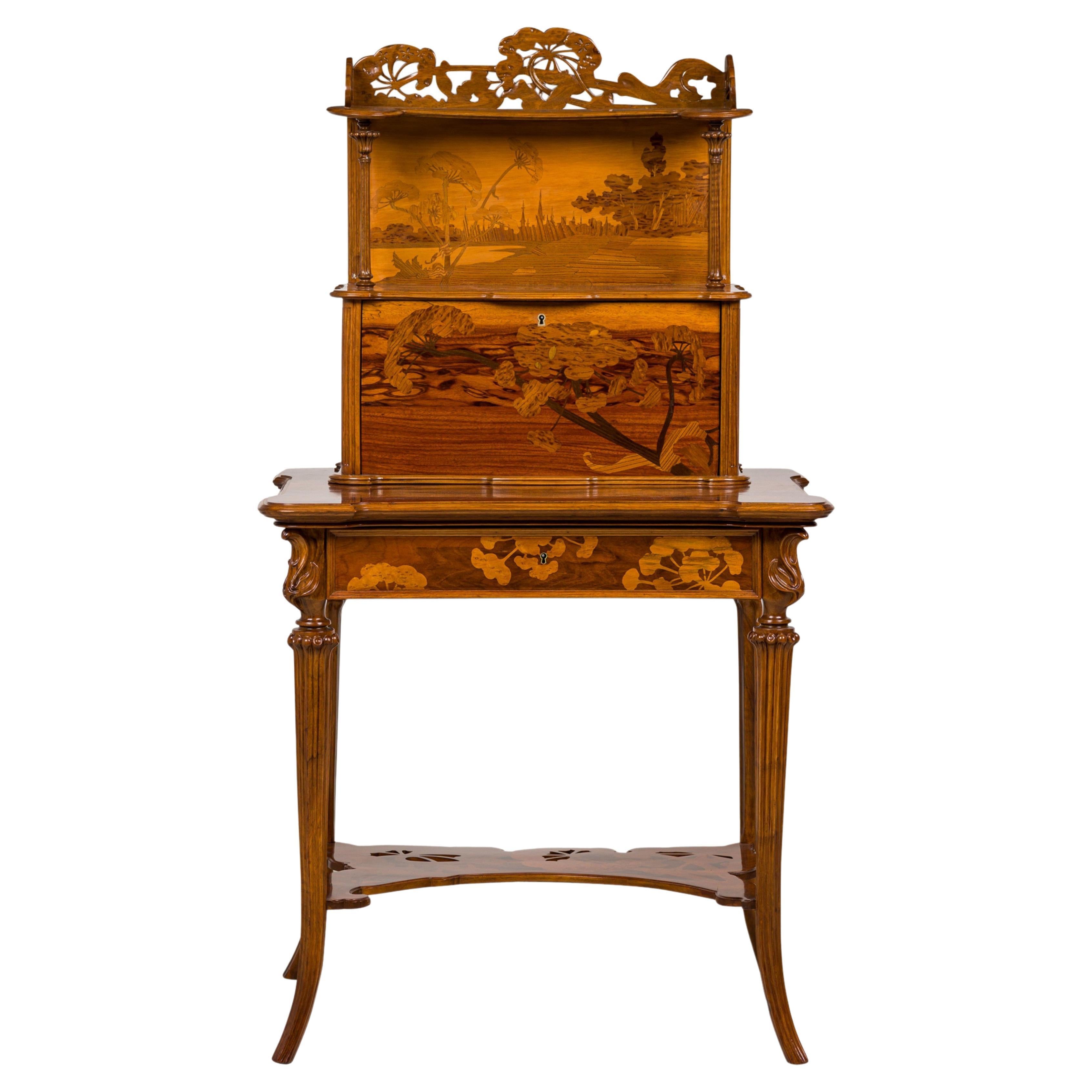 Emile Galle "Ombelles" Floral and Pastoral Marquetry Writing Desk