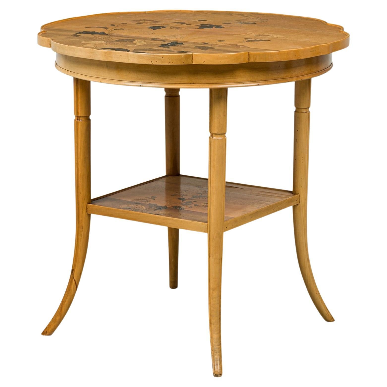 Table d'appoint Art nouveau français à plateau rotatif en marqueterie florale d'Emile Galle