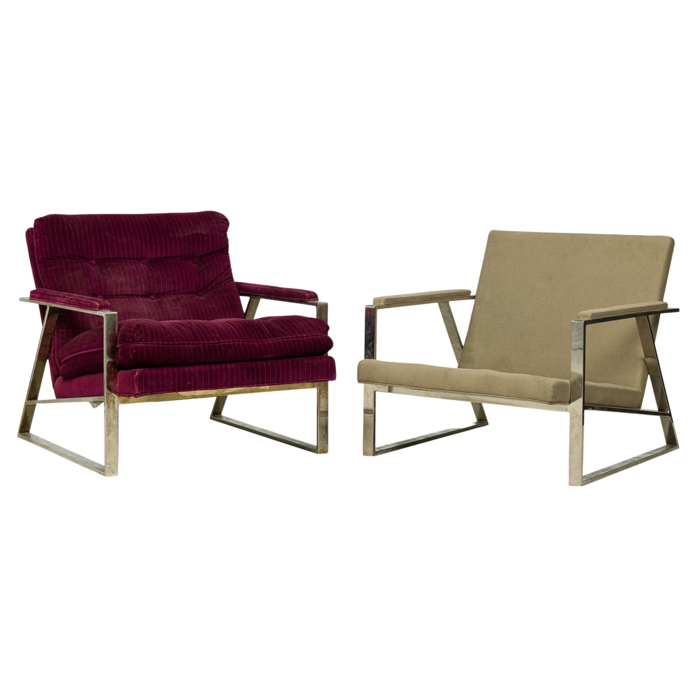 Milo Baughman American Beige Upholstered Flat Chrome Bar Lounge Armchair For Sale