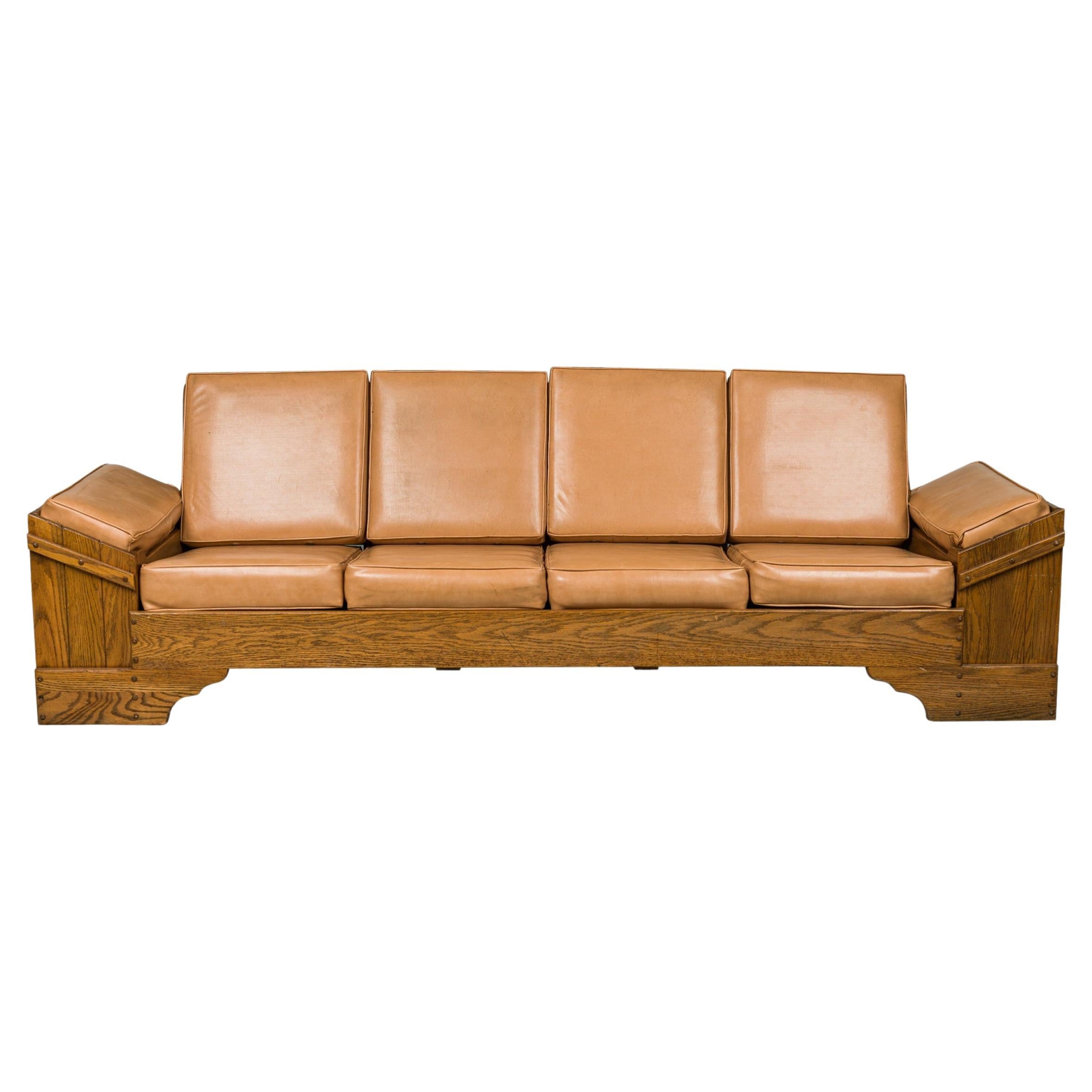 Rustic Old Hickory Wood and Tan Leather Settee For Sale