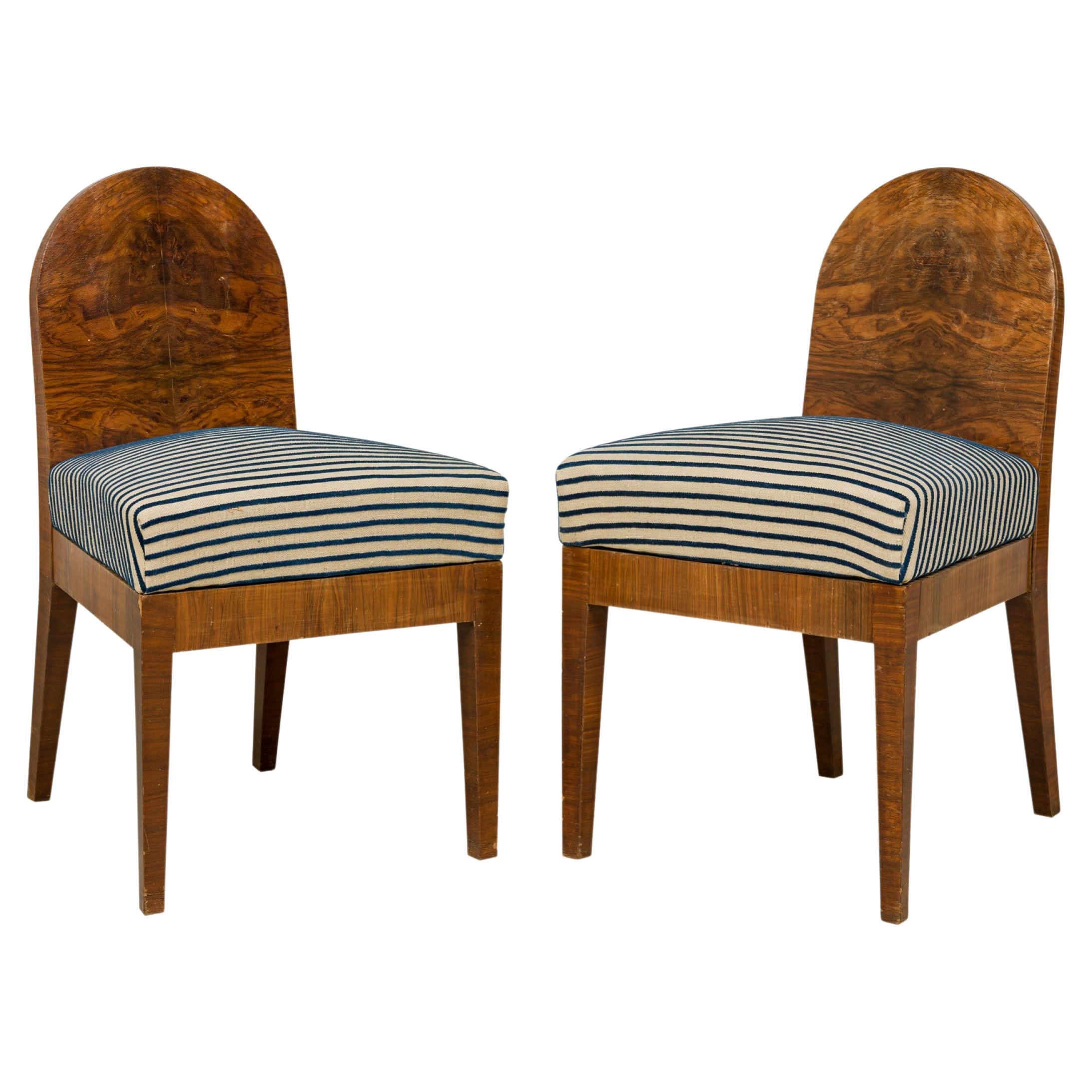 Set of 4 Austrian Burl Wood Spoon Back Stripe Upholstered Side Chairs