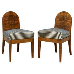 Vintage Set of 4 Austrian Burl Wood Spoon Back Stripe Upholstered Side Chairs