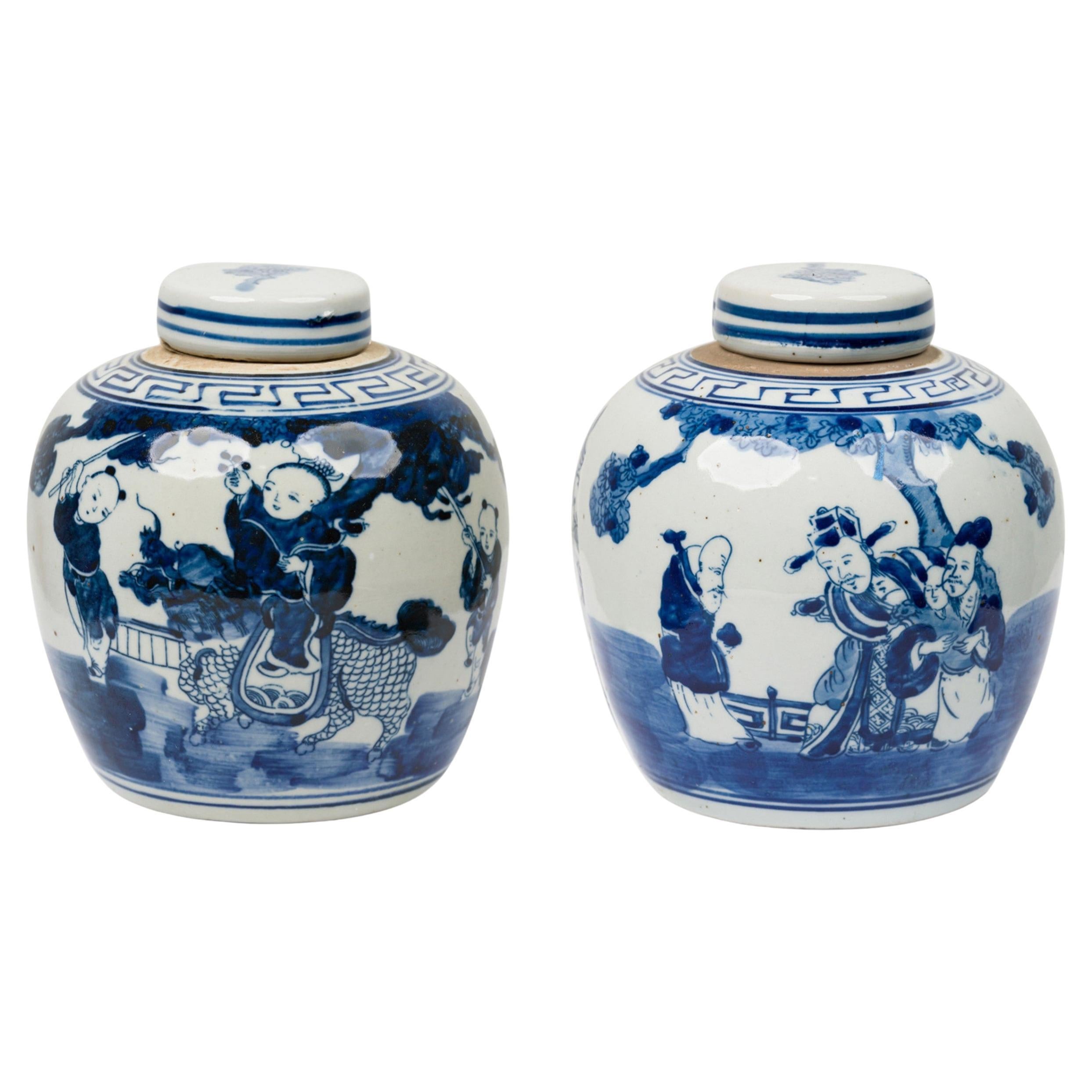 Pair of Chinese Blue & White Porcelain Covered Jars with Figural Scenes For Sale