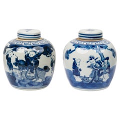 Vintage Pair of Chinese Blue & White Porcelain Covered Jars with Figural Scenes