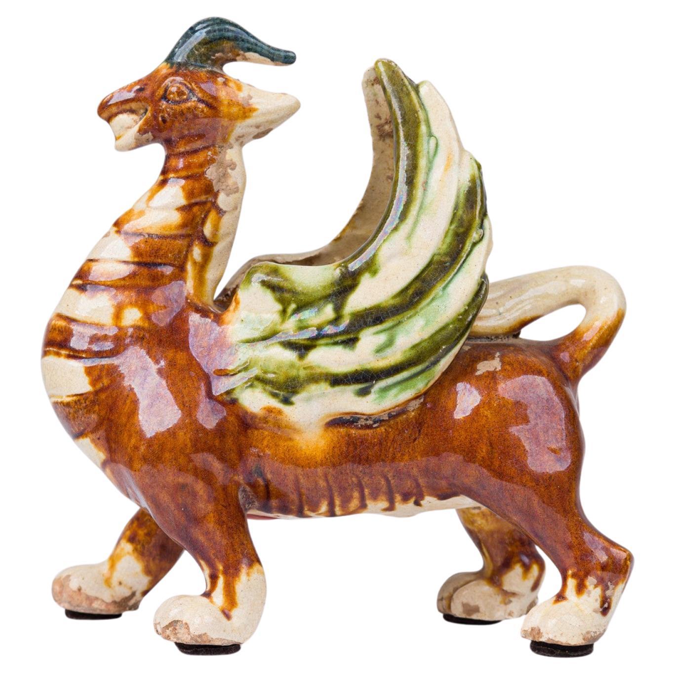 Chinese Sancai Glazed Ceramic Yinglong Winged Dragon Figurine For Sale