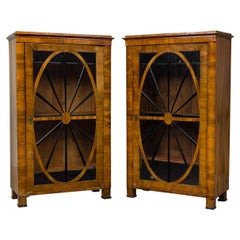 Pareja de armarios libreros Biedermeier de nogal y madera ebonizada con puerta de cristal