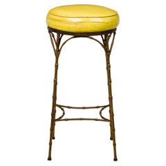 3 sgabelli da bar di metà secolo in American Leather giallo e ottone finto bambù