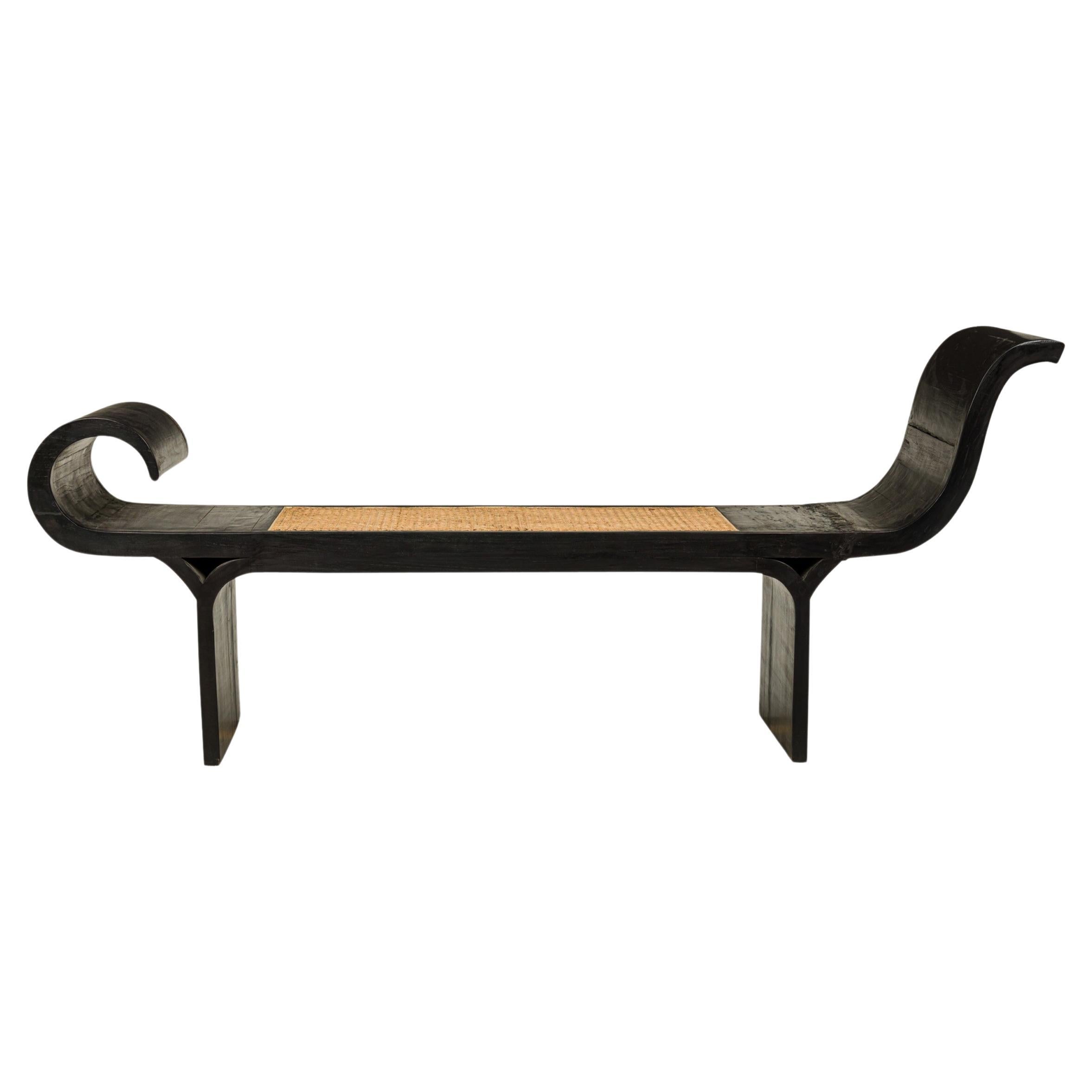 Mid-Century Ebonized Wood Scrolled Side Caned Seat Bench