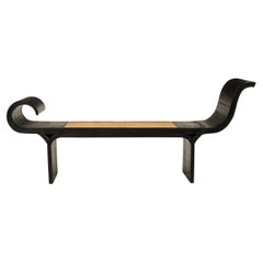 Mid-Century Ebonized Wood Scrolled Side Caned Seat Bench