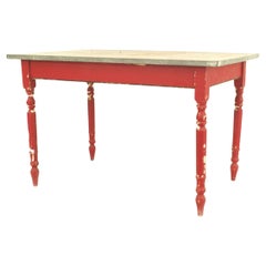 American Country Rustic Red Painted Work Table, Zinc Top, Circa 1850