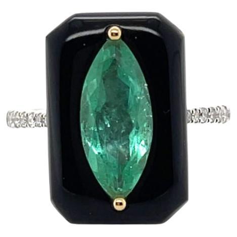 For Sale:  18ct White Gold Marquise Colombian Emerald, Onyx & Diamond Ring
