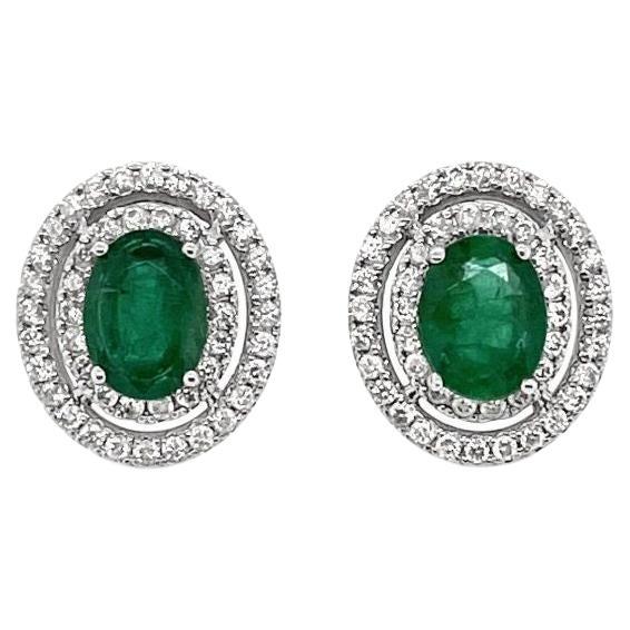 Imperial Jewels 18ct White Gold Emerald and Diamond Stud Earrings In New Condition For Sale In Sydney, NSW