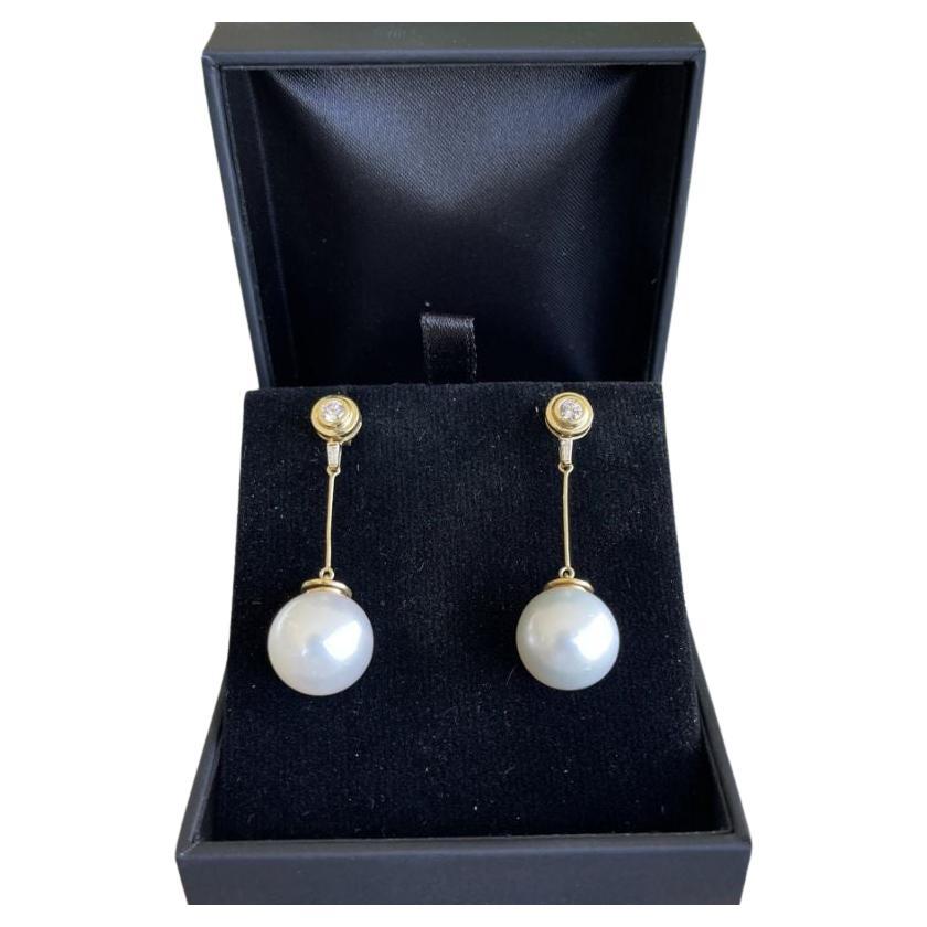 Brilliant Cut 18ct Yellow Gold South Sea Pearl and Diamond Drop Earrings For Sale