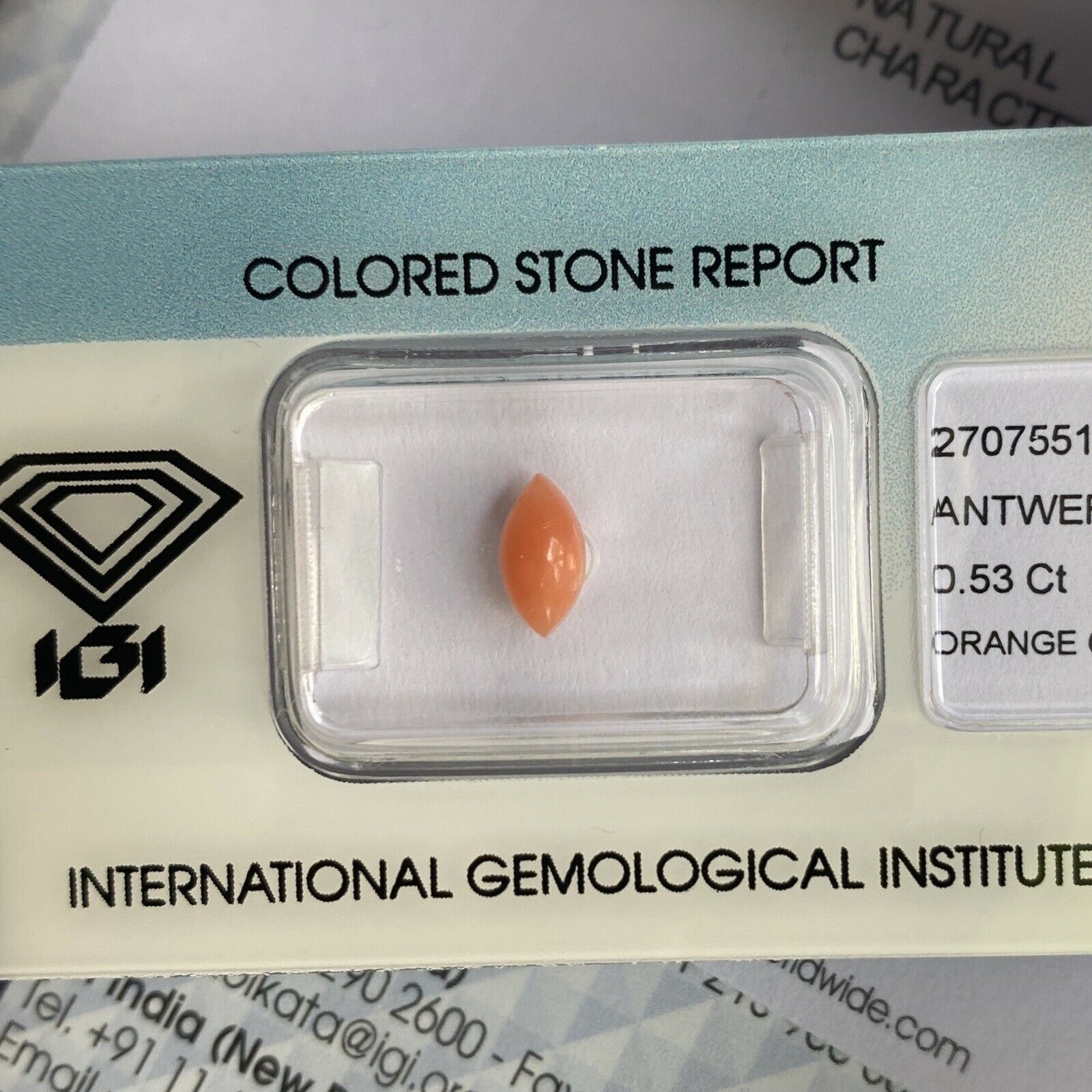 Rare Natural Orange Pink Untreated Coral 0.53ct Marquise Cabochon IGI Certified For Sale