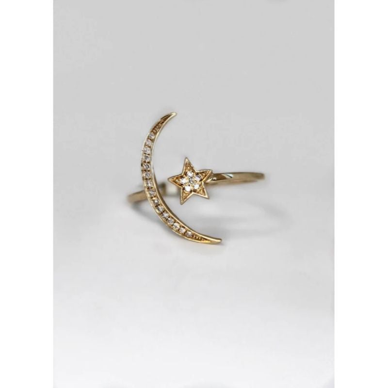 Yellow Gold Star and Moon Ring For Sale