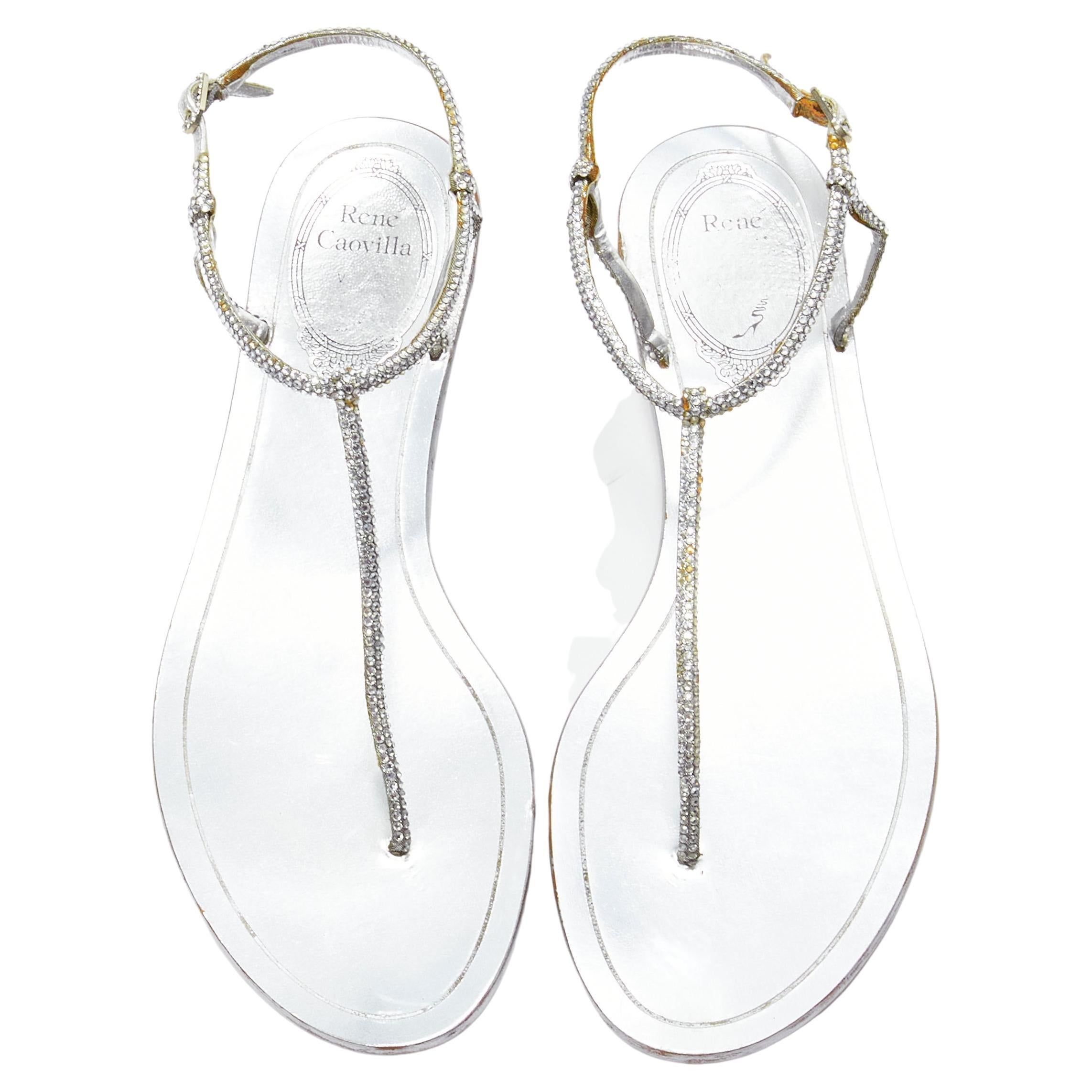 RENE CAOVILLA silver strass rhinestone T-strap flat thong sandals EU36 For Sale
