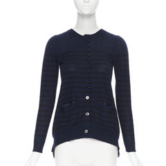 SACAI LUCK navy blue nautical stripe wool pleated insert flared back cardigan S