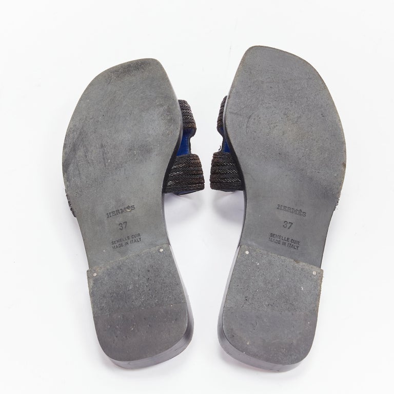 HERMES Oran H logo iconic black beaded blue insole sandals shoes EU 37