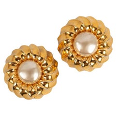 Chanel Golden Metal and Pearly Cabochon Clip Earrings