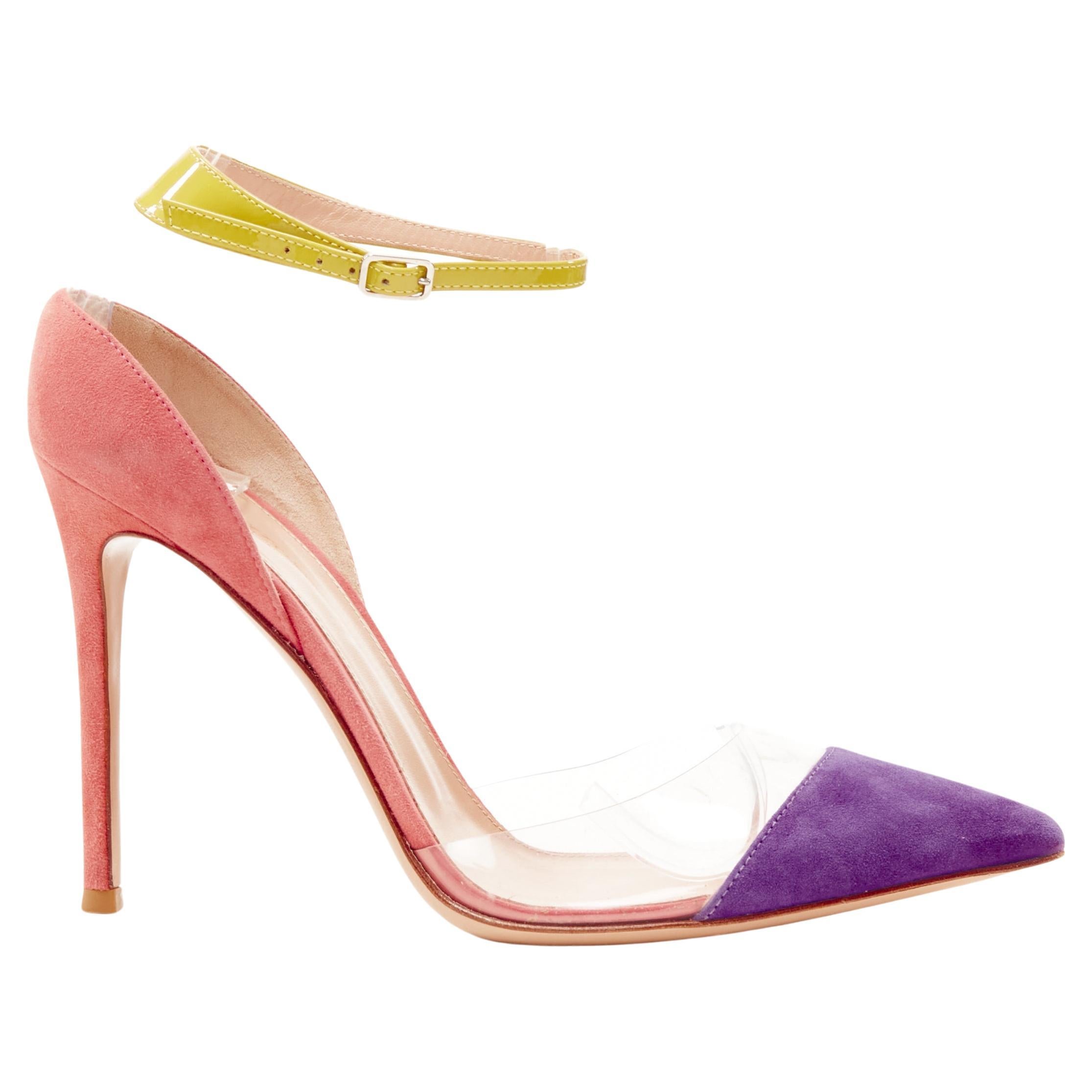 GIANVITO ROSSi Plexi purple pink suede yellow ankle strap PVC pump EU38 For Sale