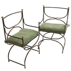 Pair of French Wrought Iron Neoclassical Style Curule Armchairs circa 1960