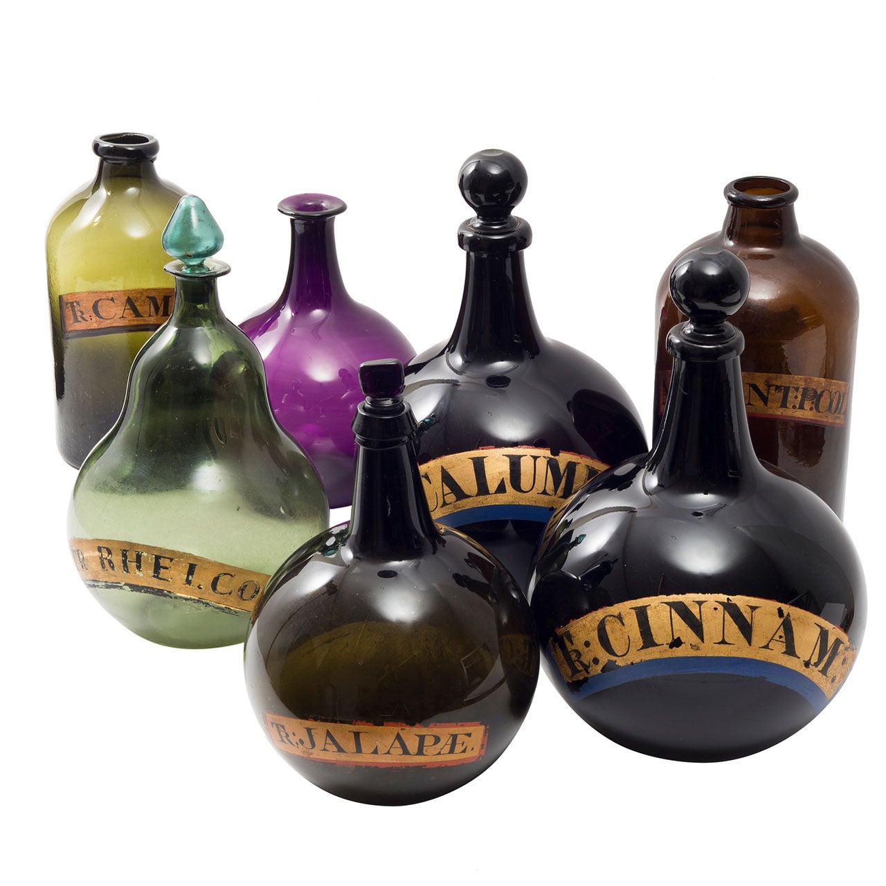 Wonderful Set 7 English 19th Century Coloured Glass Pharmaceutical Jars
