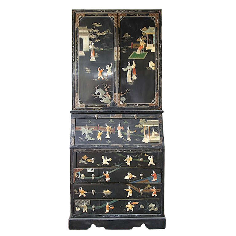  Black Lacquered and Hard Stone Mounted Bureau Bookcase at 1stdibs