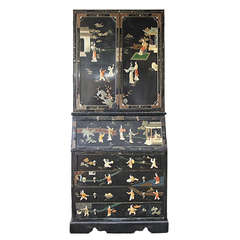 Chinese Export Black Lacquered and Hard Stone Mounted Bureau Bookcase