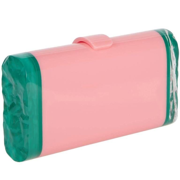 Edie Parker Lara Backlit Clutch in Bubblegum with Emerald Ice Ends For Sale