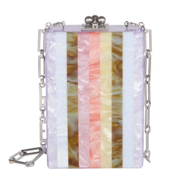 Carol multi bars in lavender pearlescent featuring stripes of blue mist, moss, guava, dusty rose and golden silk, with silver hardware and chain.

- 49 inch chain, 23 inch drop
- 100% hand poured acrylic
- Hinge closure with kiss-lock
- Features an