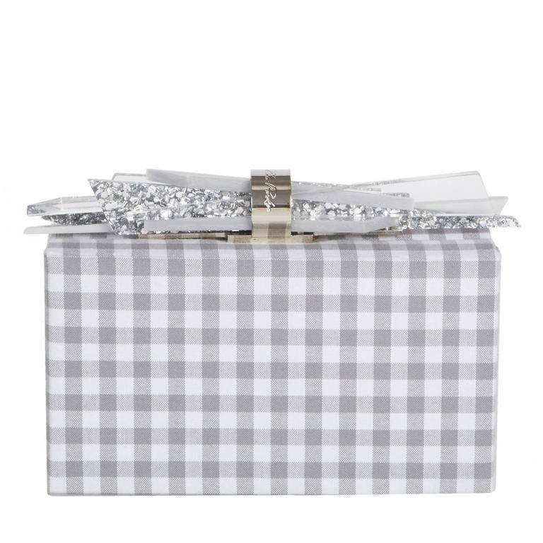 Wolf Gingham in grey and white printed cotton with smoke, silver confetti and clear acrylic shard lock detail with signature floral printed lining.

100% hand poured acrylic on lock
100% cotton exterior and interior
Hinge closure
Features an