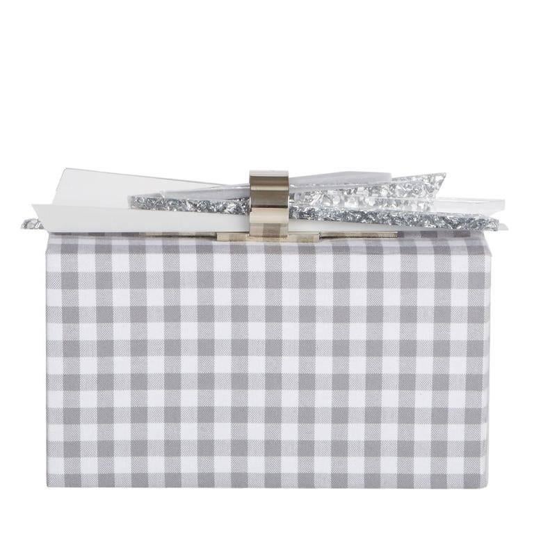 Gray Edie Parker Wolf Shard Lock Clutch in Grey Gingham For Sale