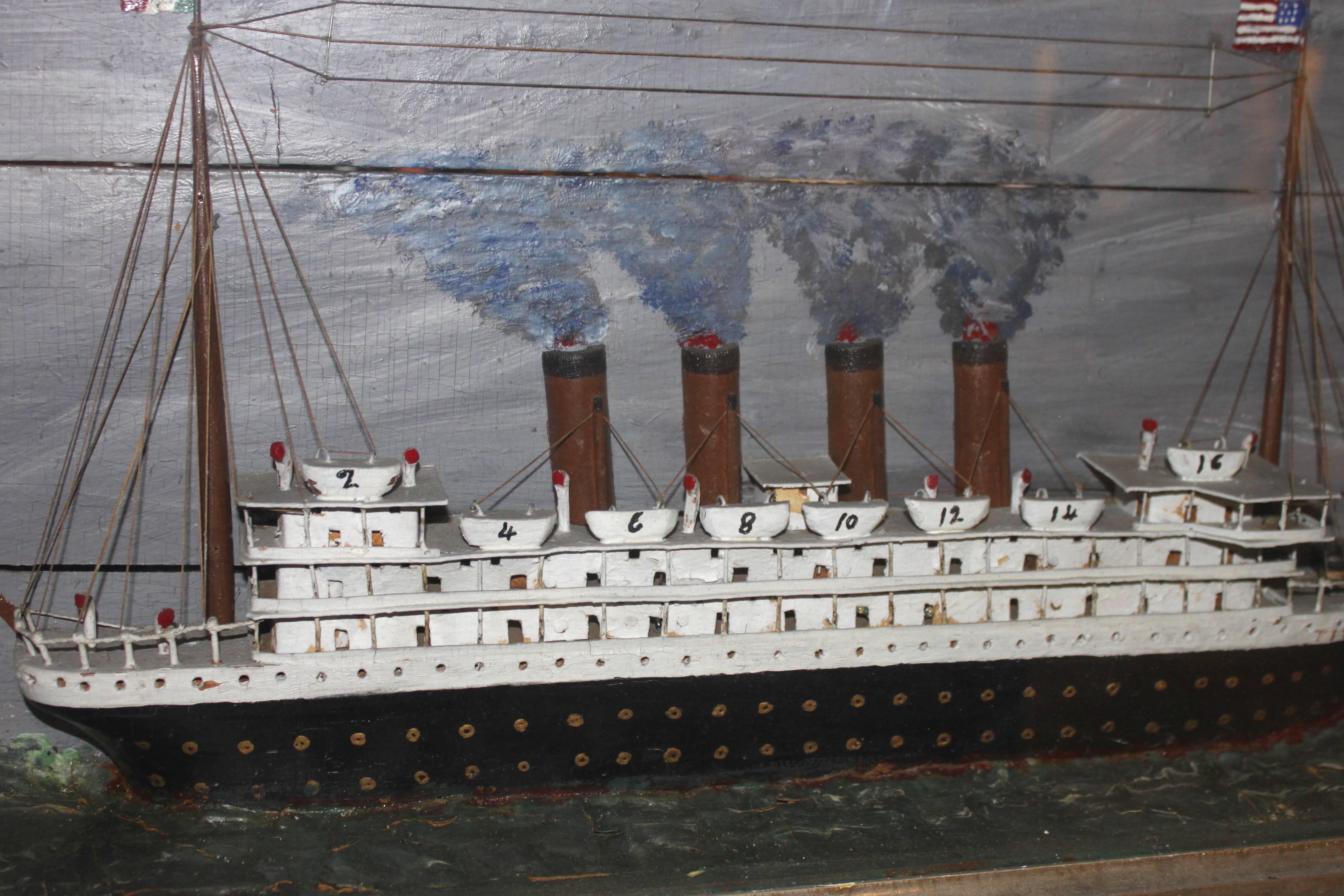 Turn of the Century Vintage Shadowbox of Titanic at Sea With Lighted Interior For Sale 3