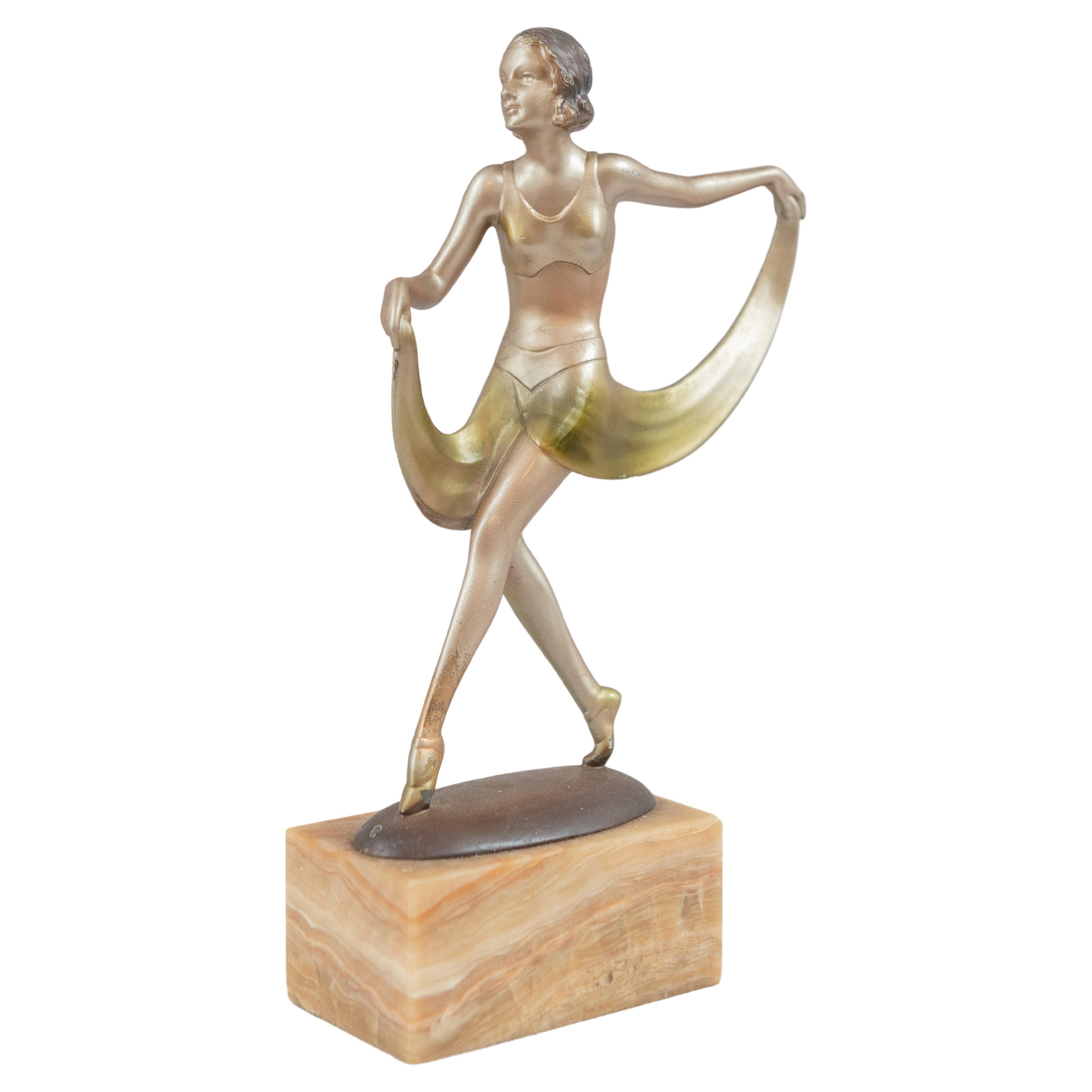 Art Deco Enameled Bronze, Young Female Dancer Signed Lorenzl Austrian circa 1930 For Sale